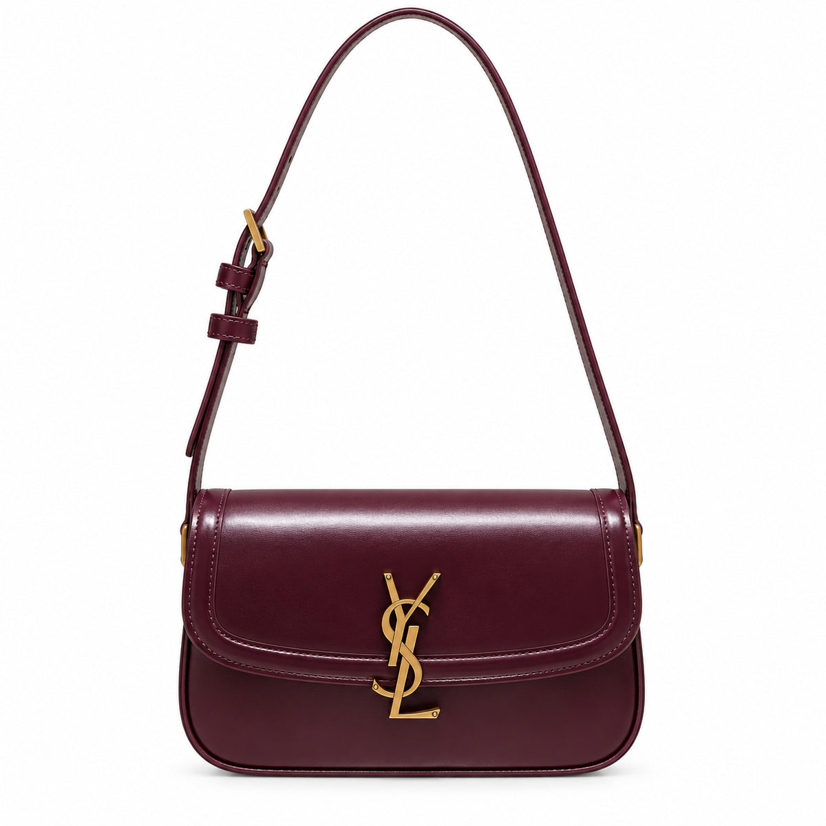 Saint Laurent Solferino flap shoulder bag in burgundy smooth leather with antique gold YSL monogram and slim adjustable strap