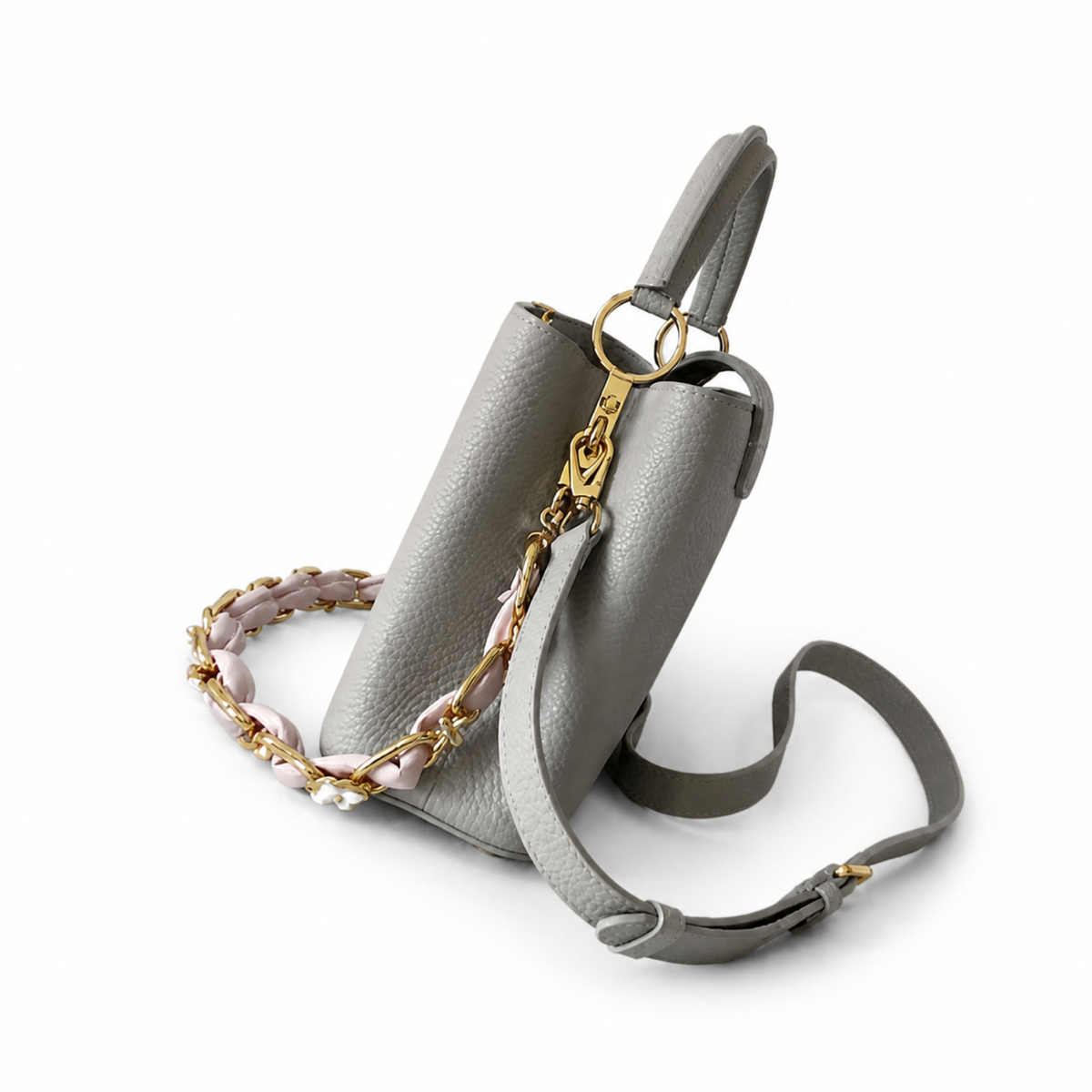 Louis Vuitton Capucines Mini Grey Taurillon Leather Bag Floral Chain