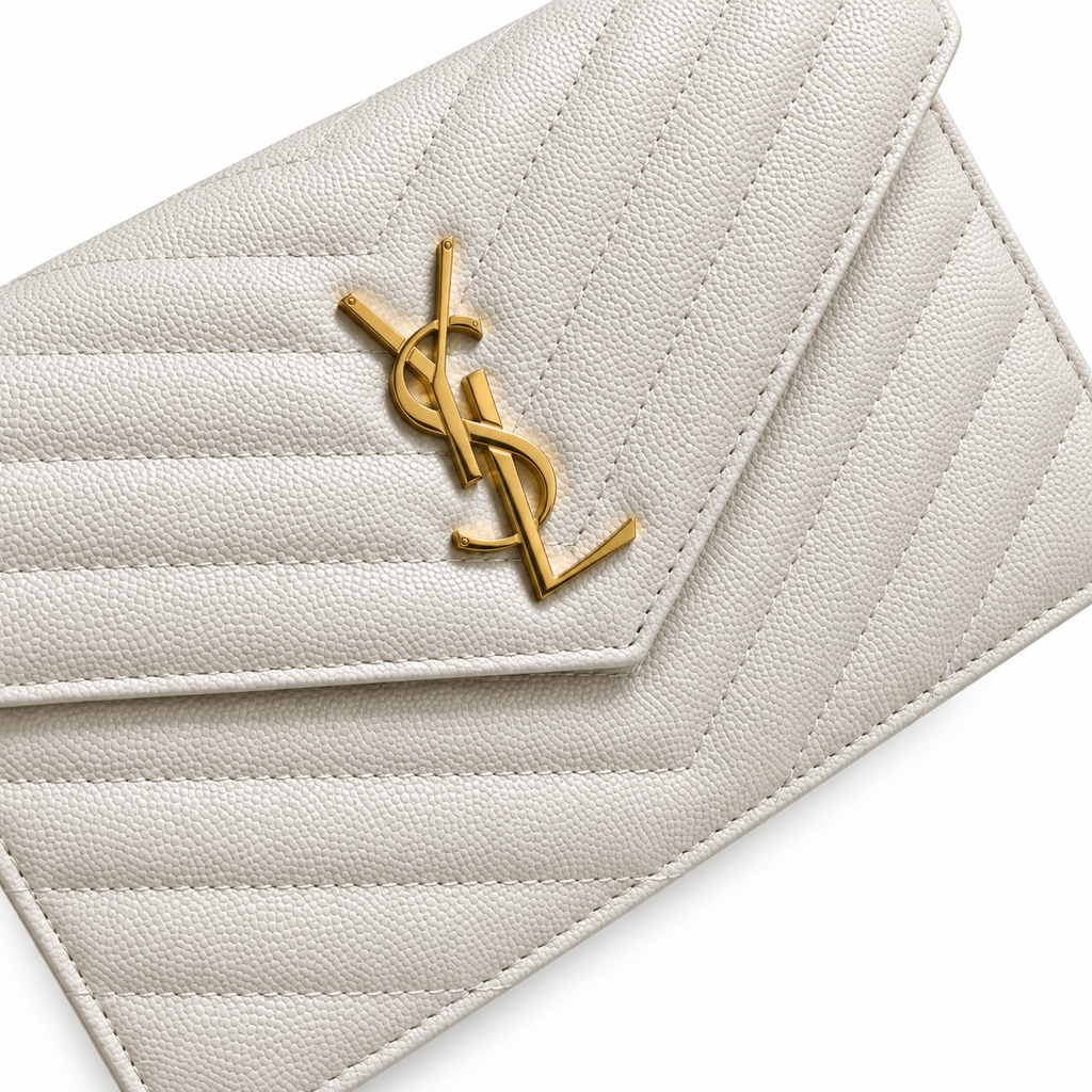 YSL Saint Laurent Envelope Chain Wallet in Cream Matelassé Leather