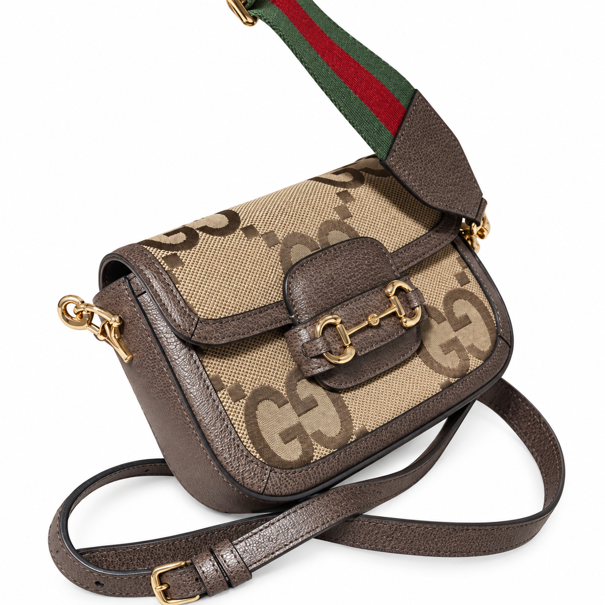Gucci Horsebit 1955 Mini Bag in Jumbo GG Canvas with Dark Brown Leather Trim