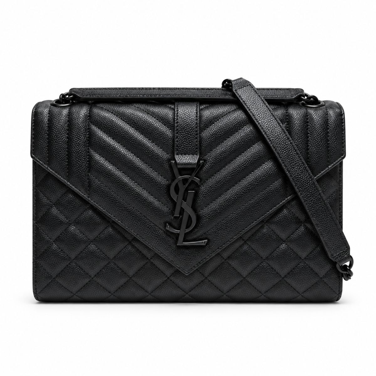 Saint Laurent YSL College Medium Bag All Black Noir Mix-Matelasse Quilted Grained Leather with Matte Black Tone-on-Tone YSL Monogram Chevron Quilting Top Handle and Black Curb Chain Strap