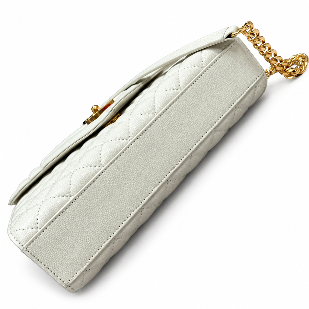 YSL College Quilted Caviar Leather Shoulder Bag White