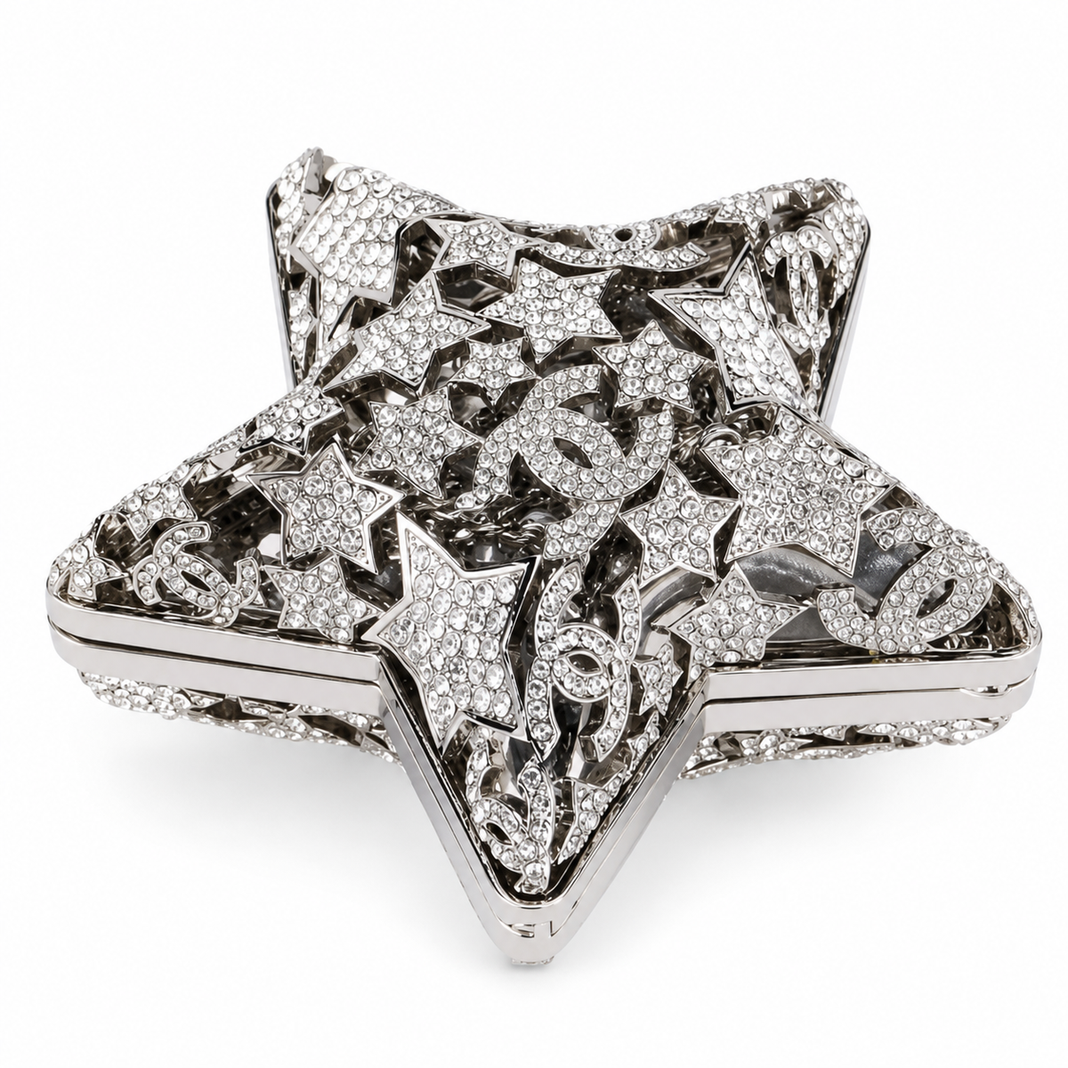 Chanel CC Pavé Crystal Star Minaudiere | Silver Filigree & Chain — 13cm