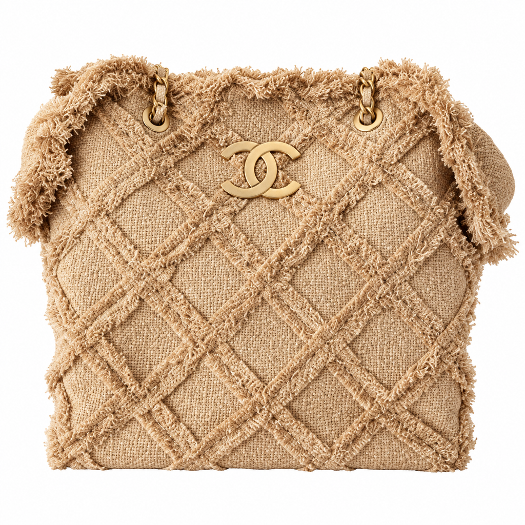Chanel Large Quilted Raffia Fringe Tote Bag Natural Beige Gold 48cm