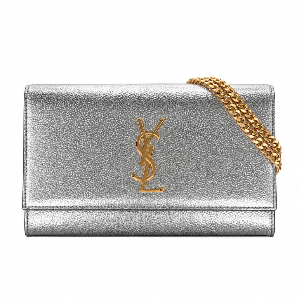 Saint Laurent YSL Kate Chain Bag in Silver Metallic Leather with Gold YSL Monogram and Gold Chain Strap