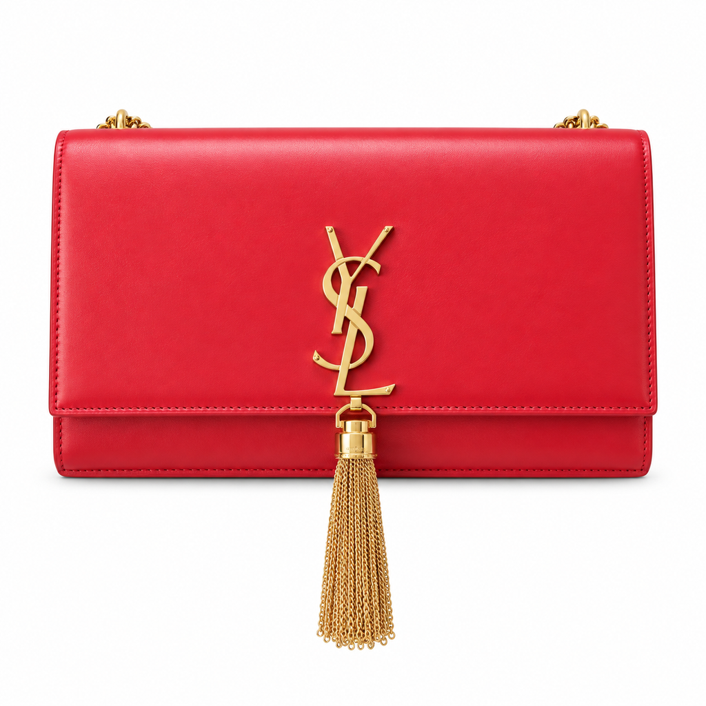 Saint Laurent YSL Kate Medium Bag in Rouge Red Smooth Calfskin Leather with Shiny Gold YSL Monogram Gold Metal Tassel Charm and Gold Curb Chain Shoulder Strap