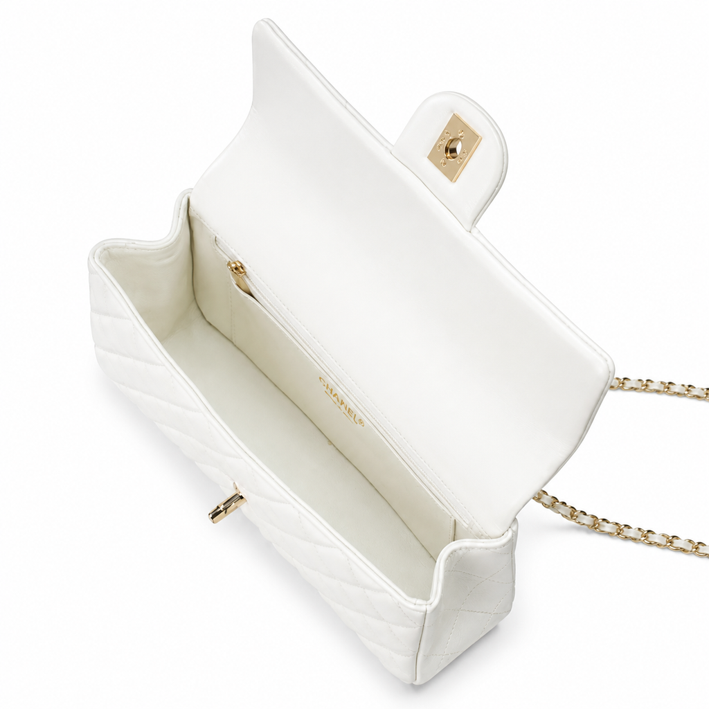 Chanel White Quilted Lambskin Rectangular Flap Bag | Top Handle & Gold Chain