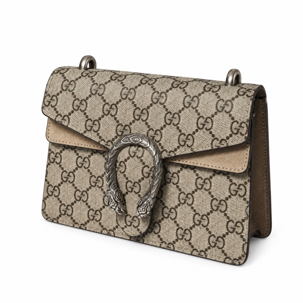 Gucci Dionysus Small Bag in GG Supreme Canvas with Taupe Leather Trim