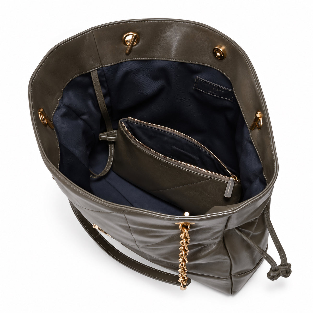 YSL Saint Laurent Bougeoir Drawstring Tote in Khaki Quilted Leather