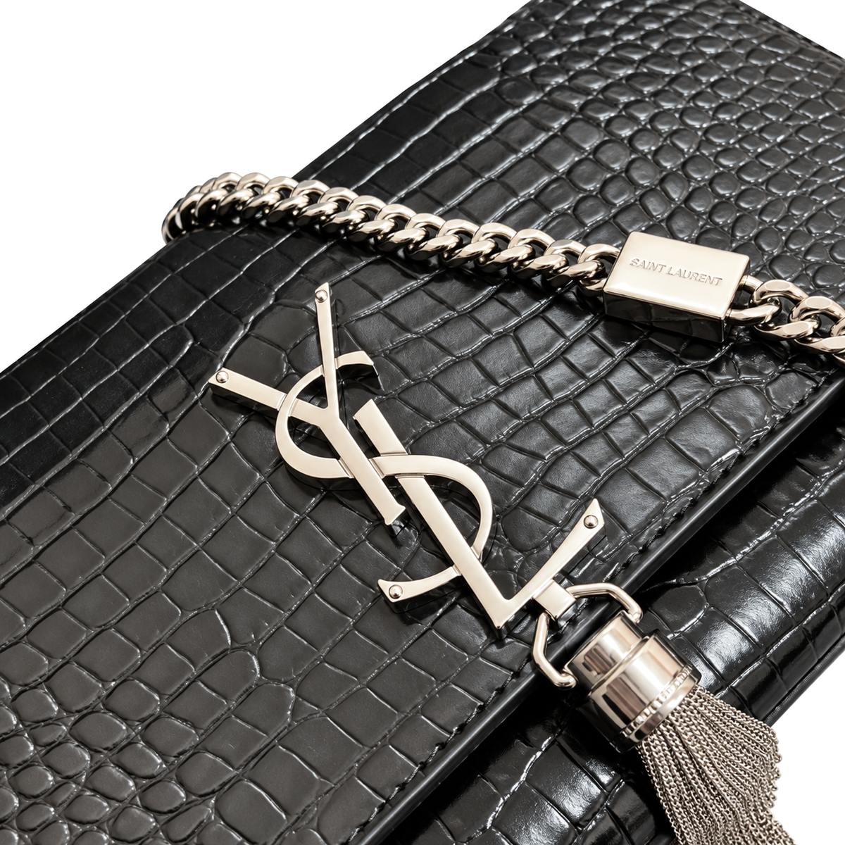Saint Laurent YSL Kate Tassel Chain Bag – Black Croc Silver