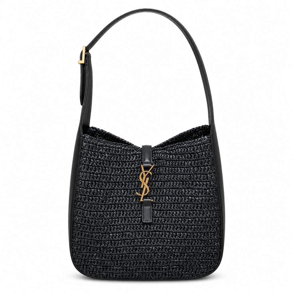 YSL Saint Laurent Le 5 À 7 Raffia Hobo Bag Black
