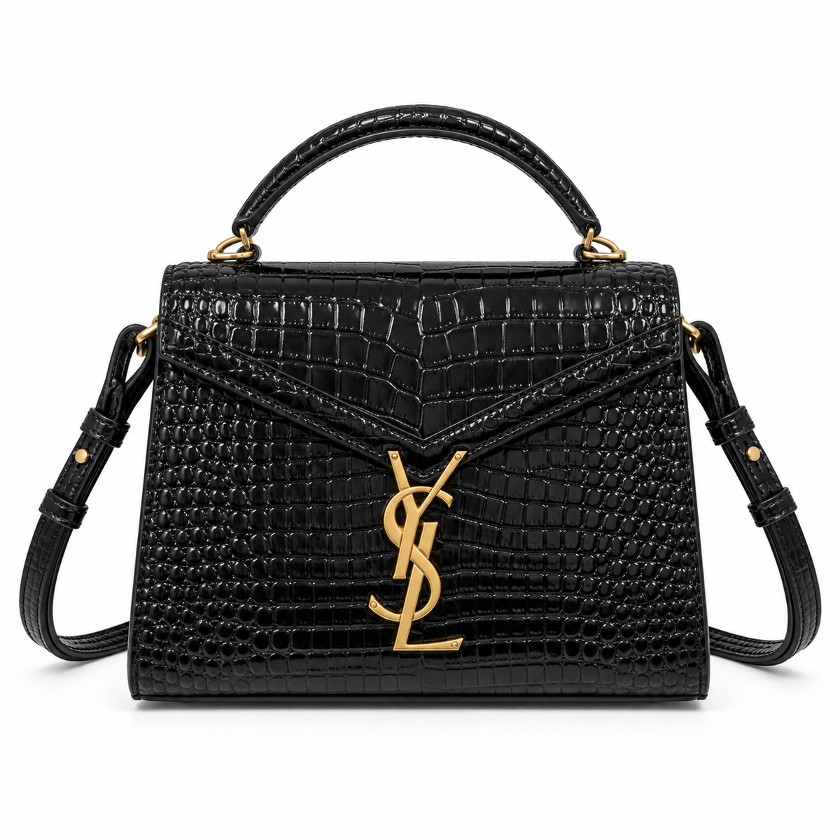 Saint Laurent Cassandra Medium – Black Croc-Embossed