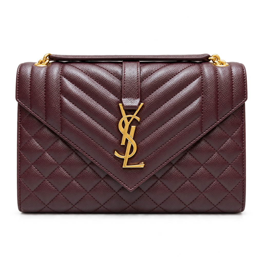 Saint Laurent YSL College Medium Bag in Burgundy Bordeaux Dark Wine Mix-Matelasse Quilted Grained Leather with Shiny Gold YSL Monogram Chevron Quilting Top Handle and Gold Curb Chain Strap