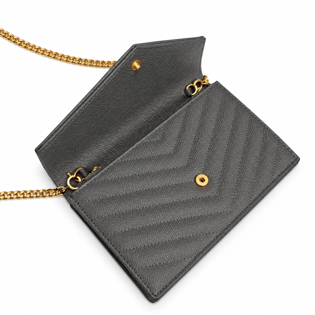 YSL Saint Laurent Envelope Chain Wallet in Dark Grey Matelassé Leather