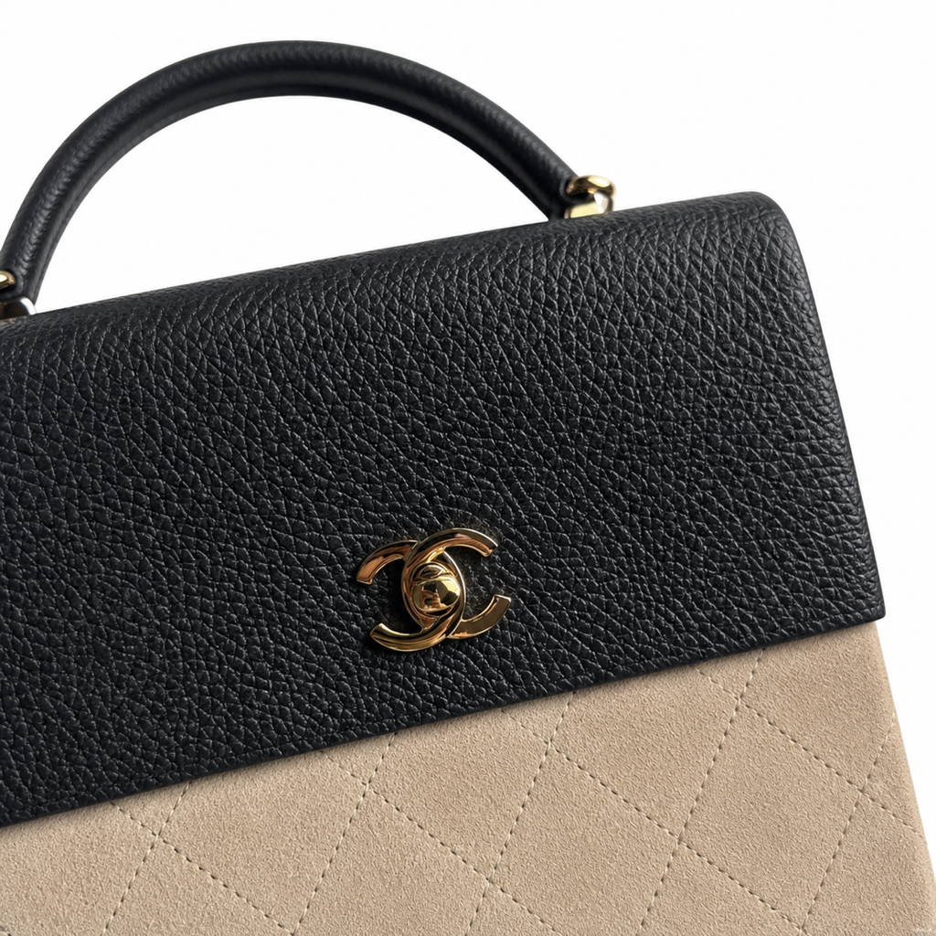 Chanel Medium Executive Tote Beige Quilted Suede & Charcoal Leather | Gold CC Turn-Lock — 38cm