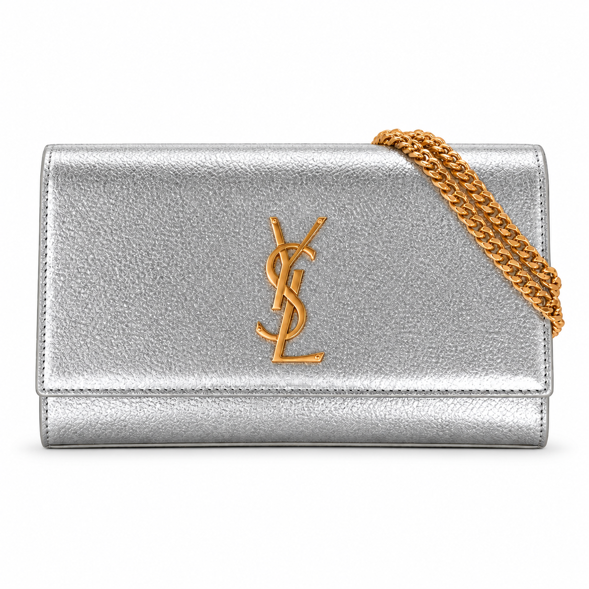 YSL Kate Chain Wallet Silver with gold chain strap