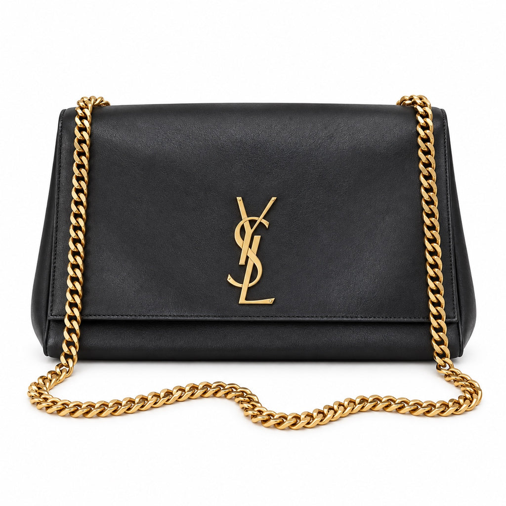 Saint Laurent YSL Kate Large Chain Bag in Black Smooth Leather with Gold YSL Monogram and Double Gold Chain Straps
