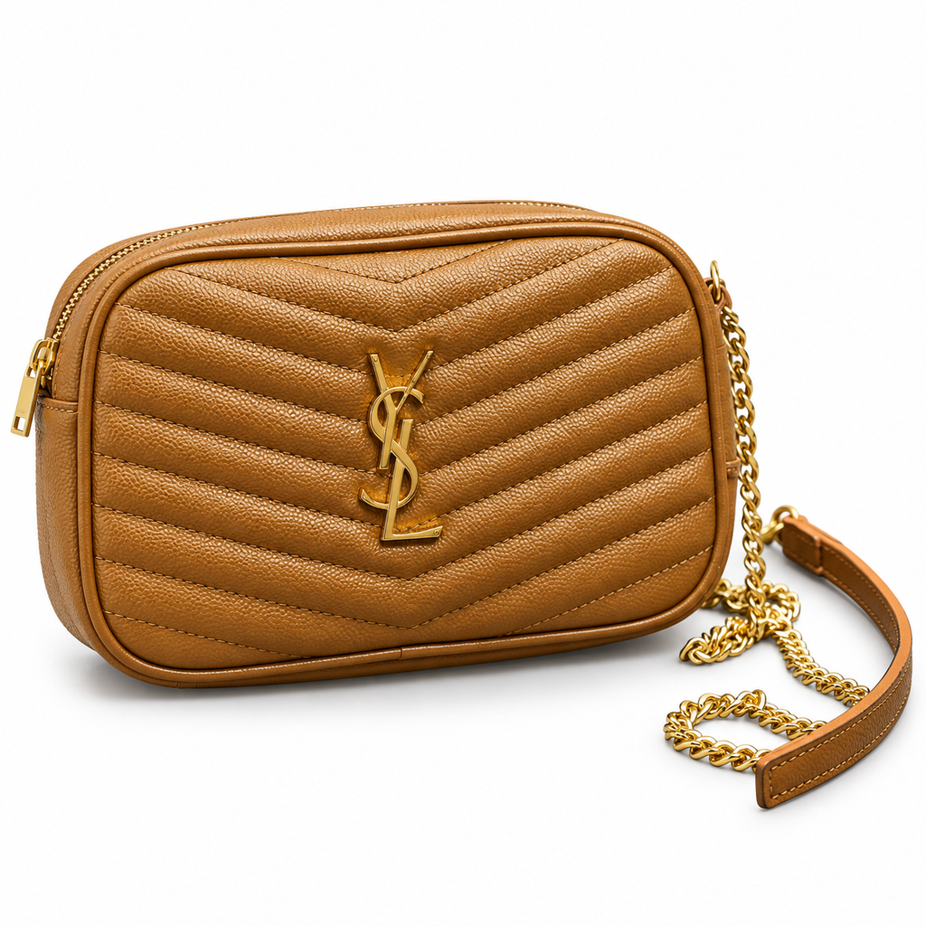Saint Laurent YSL Lou Mini Camera Bag in Caramel Tan Grained Leather with Gold YSL Monogram Chevron Quilting and Gold Chain Strap