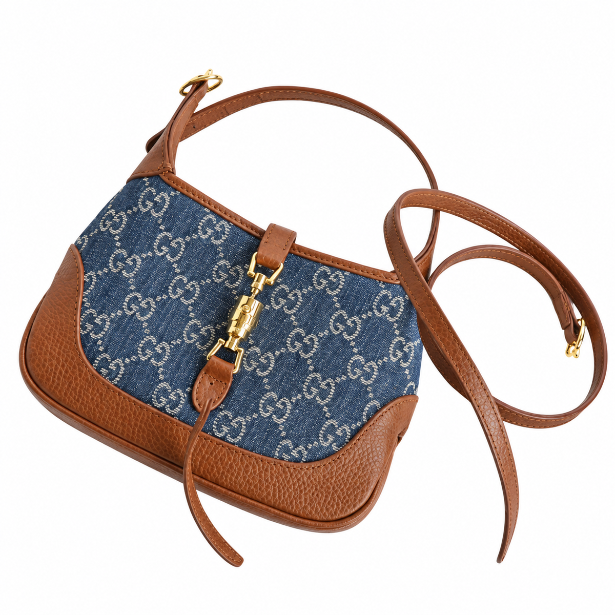 Gucci Jackie 1961 Mini Hobo in Blue GG Denim Canvas with Cognac Trim