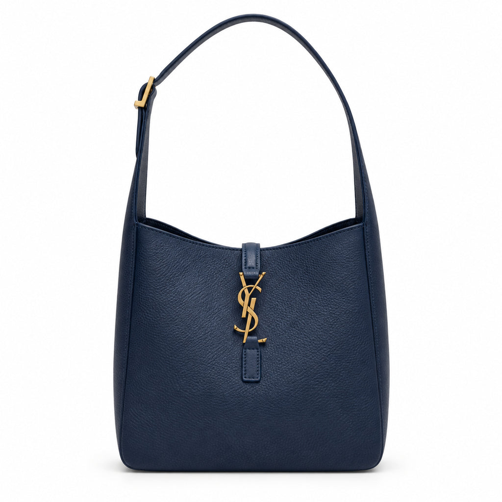 Saint Laurent YSL Le 5 à 7 Hobo Bag in Navy Blue Marine Grained Leather with Antique Gold YSL Toggle Closure and Adjustable Leather Shoulder Strap