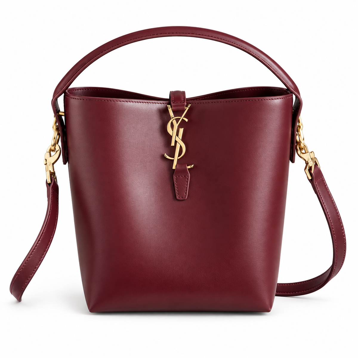 YSL Le 37 Large Bucket Bag in burgundy smooth leather with gold YSL cassandre monogram charm, structured top loop handle and wide adjustable crossbody strap, front view