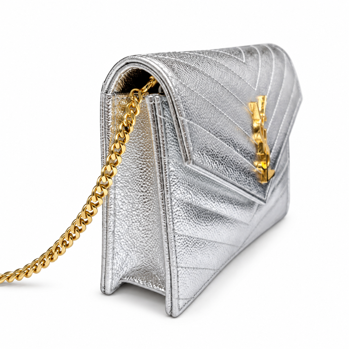 YSL Saint Laurent Envelope Chain Wallet in Silver Matelassé Leather