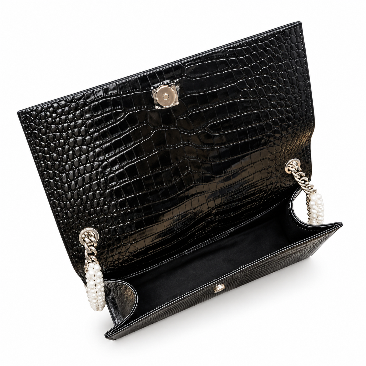 YSL Saint Laurent Kate Clutch in Black Croc-Embossed Leather with Tassel