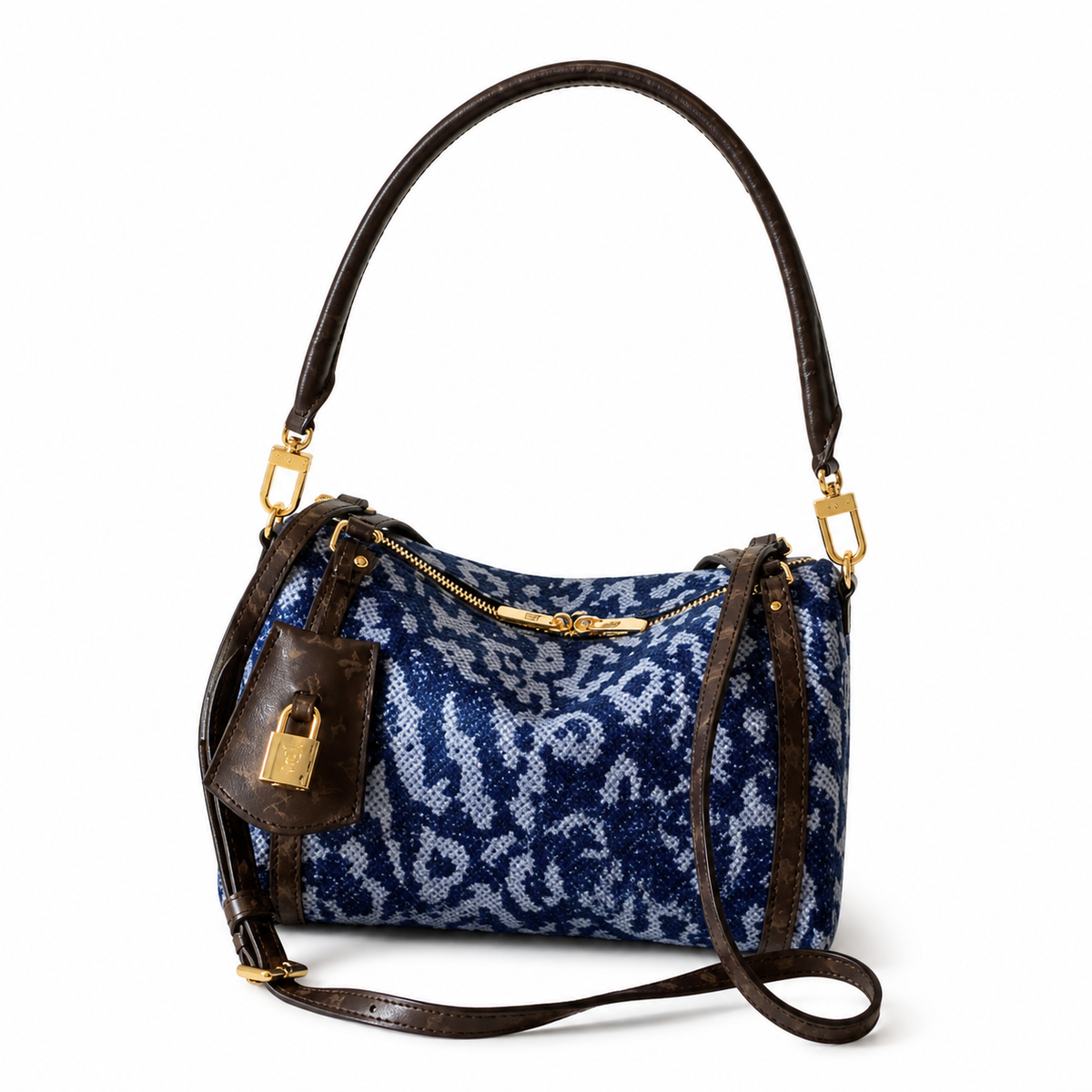 Louis Vuitton Blue Monogram Jacquard Shoulder Bag with Gold Padlock and Dark Brown Leather Trim
