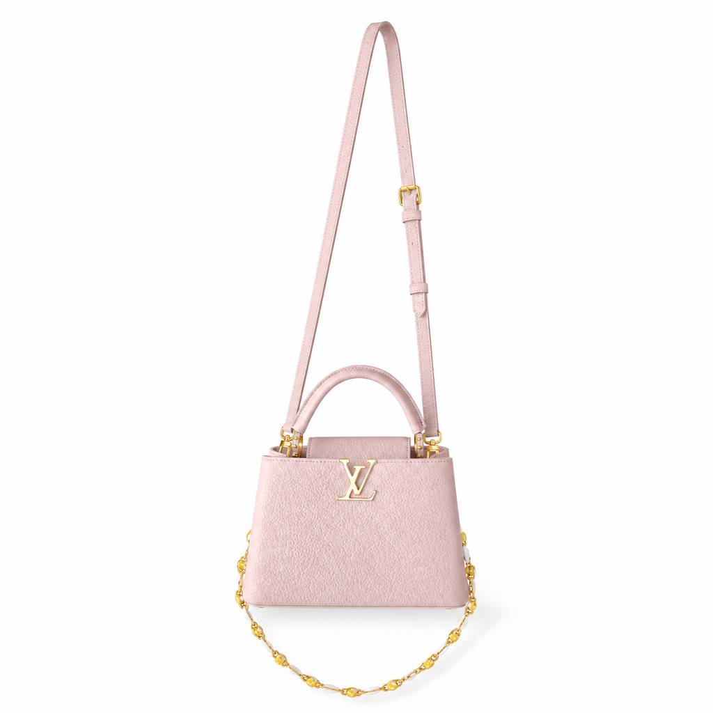 Louis Vuitton Capucines BB Pink Taurillon Leather Handbag with Floral Chain Strap