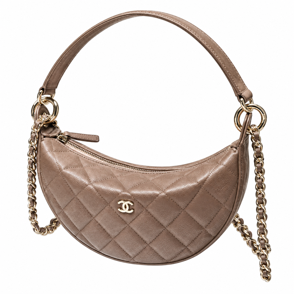Chanel Crescent Hobo Quilted Metallic Caviar Taupe Gold Dual Chain 22cm