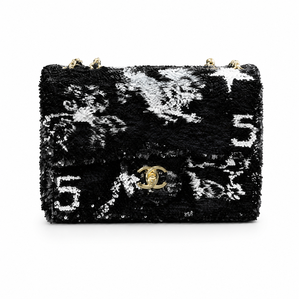 Chanel Black & Silver Sequin Mini Flap Bag | Camellia & Teal Gemstone CC — 21cm