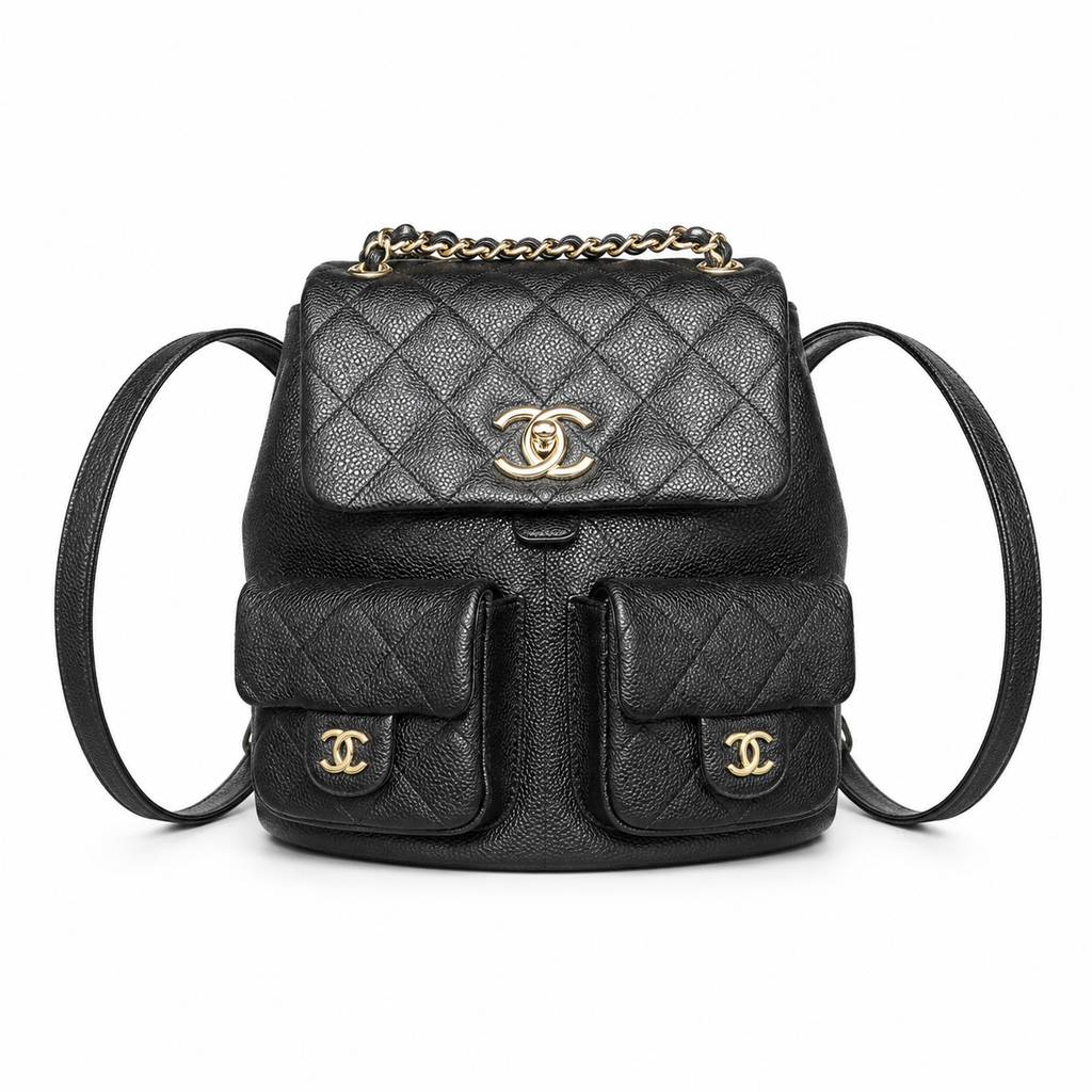Chanel Duma Grained Leather Backpack | CC Turn-Lock Antique Gold Chain Black — 20.5x20cm