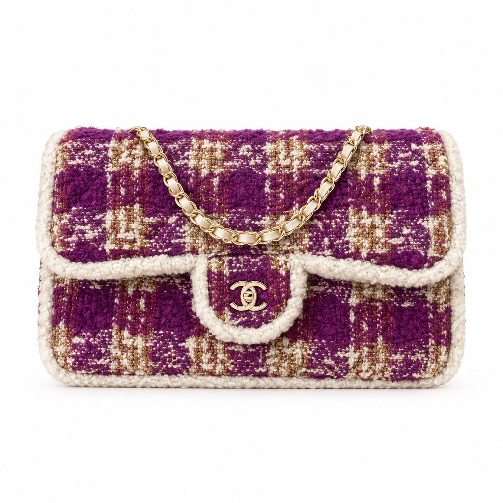 Chanel Tweed Scallop Flap Bag Fuchsia Gold 21×33×10cm