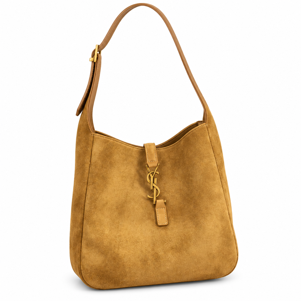 Saint Laurent YSL Le 5 à 7 Hobo Bag in Mustard Yellow Caramel Suede with Gold YSL Toggle Closure and Adjustable Tan Leather Shoulder Strap
