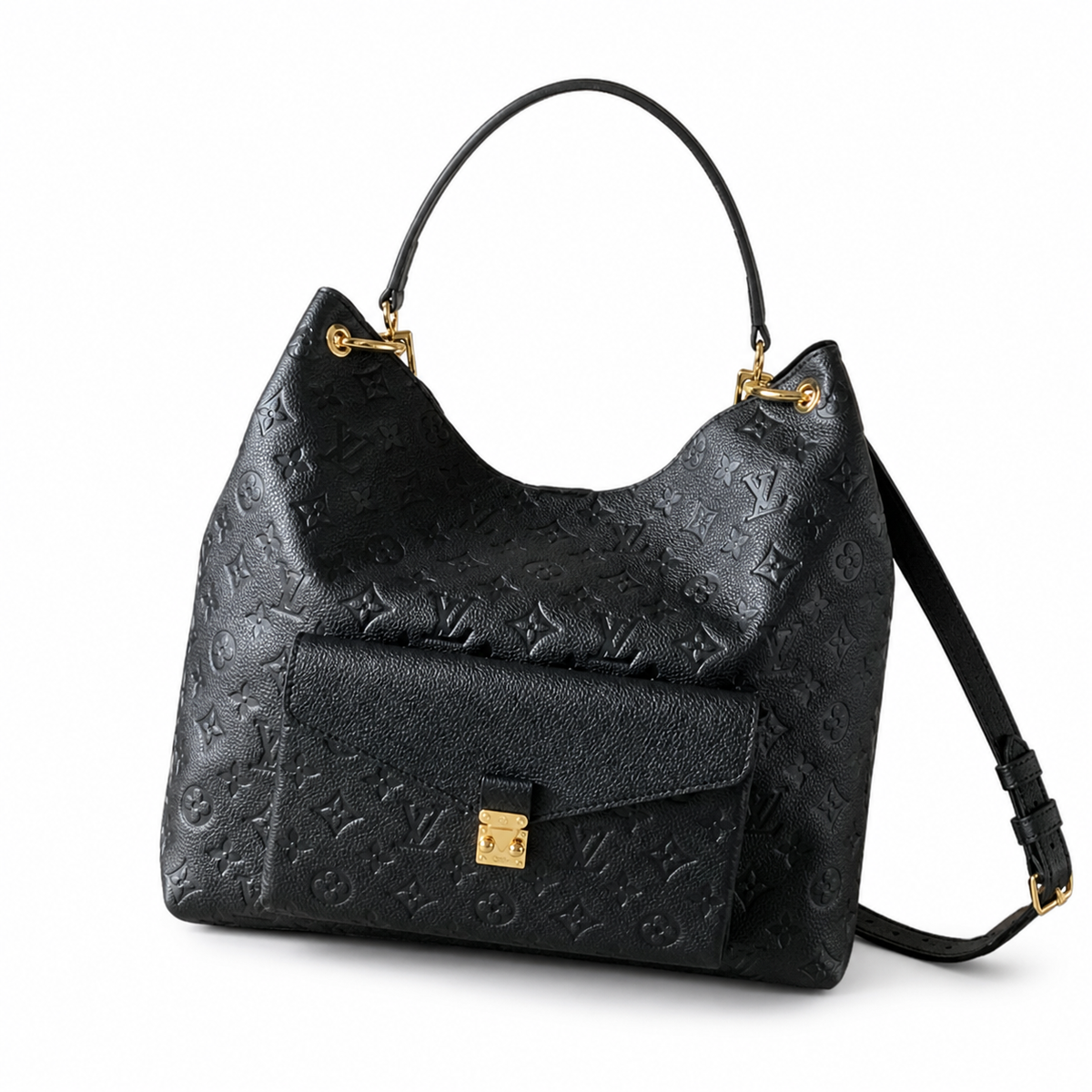 Louis Vuitton Muria Hobo All Black Monogram Empreinte Leather with Front Flap Pocket Gold Clasp and Crossbody Strap