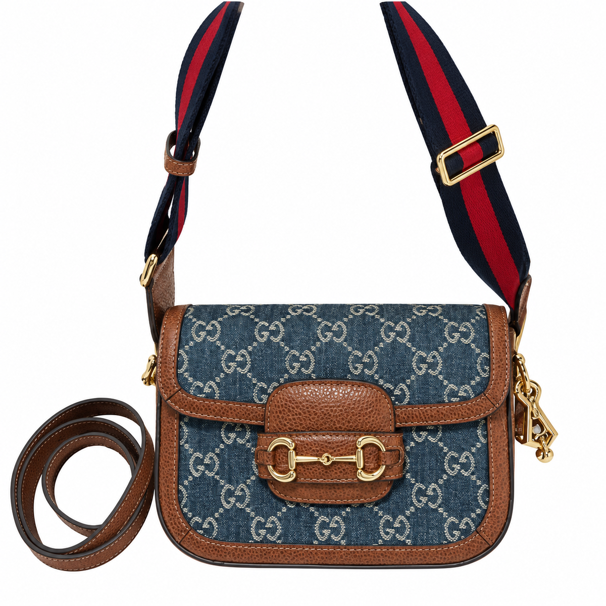 Gucci Horsebit 1955 Mini Bag in Blue GG Denim Canvas with Brown Leather Trim