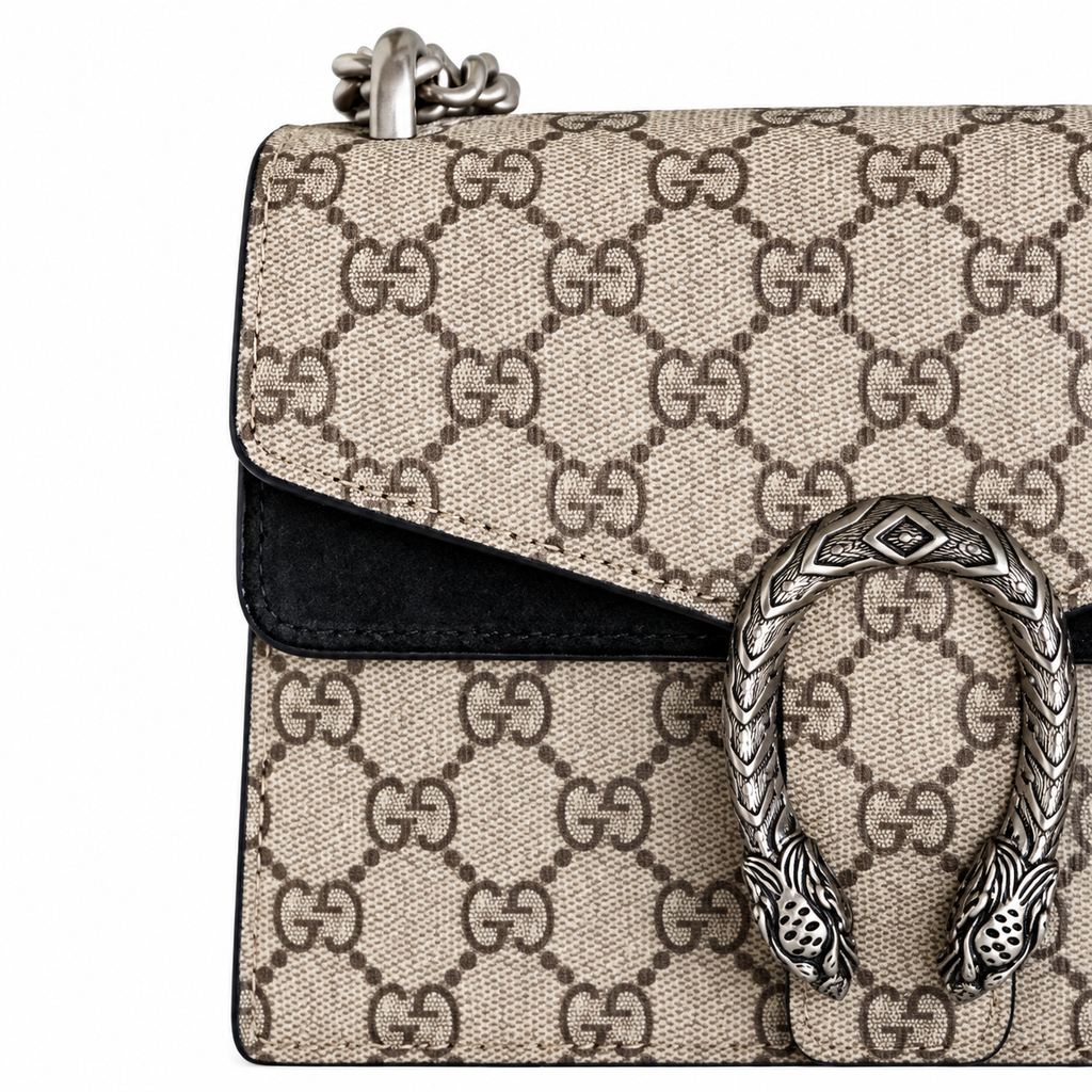 Gucci Dionysus Small Bag in GG Supreme Canvas with Black Suede Flap