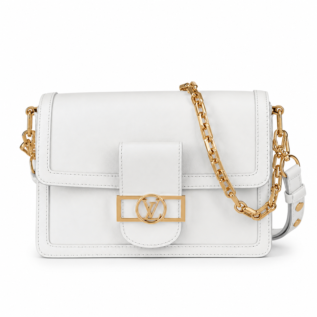 Louis Vuitton Dauphine MM White Smooth Leather Gold Chain Bag