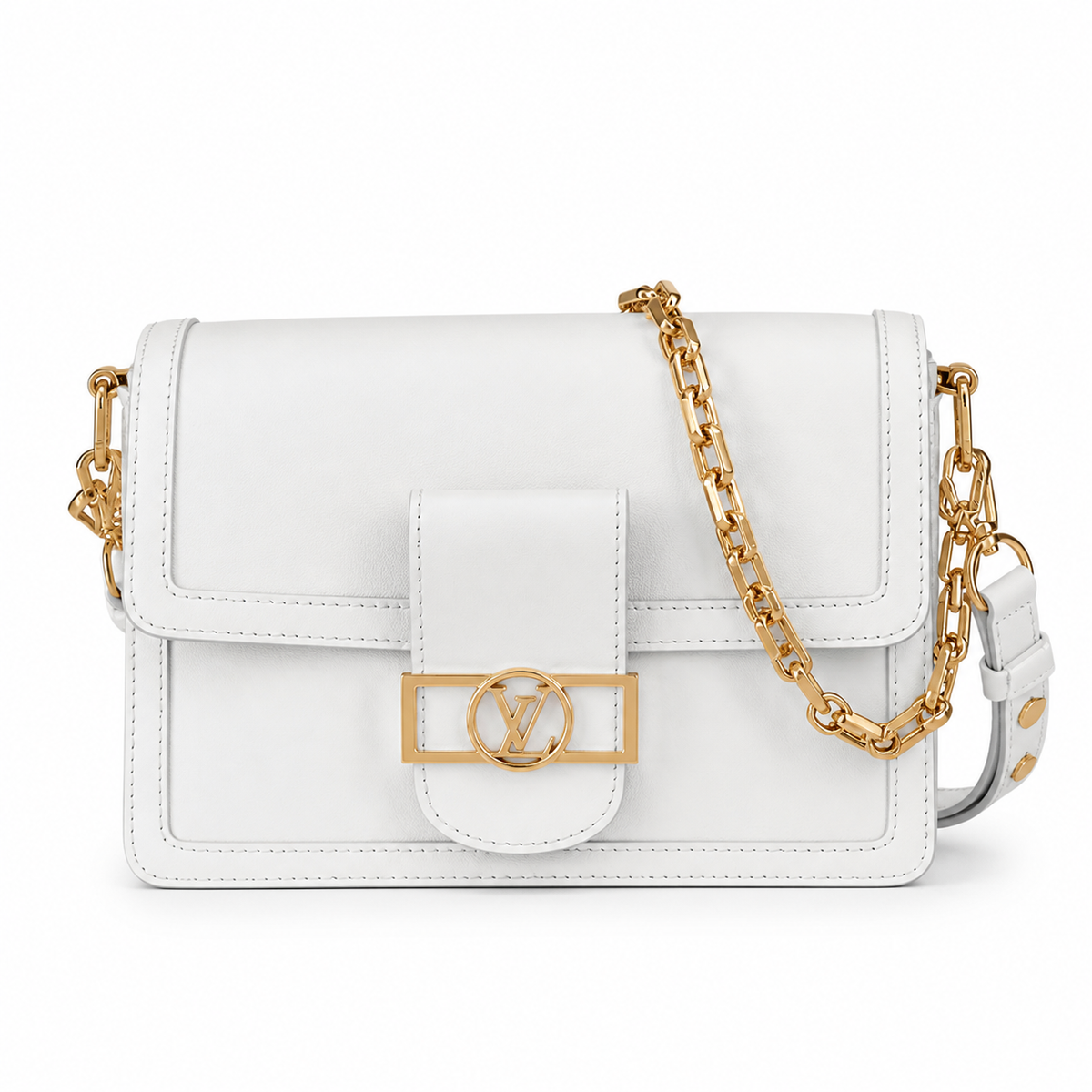 Louis Vuitton Dauphine MM White Smooth Leather Gold Chain Bag