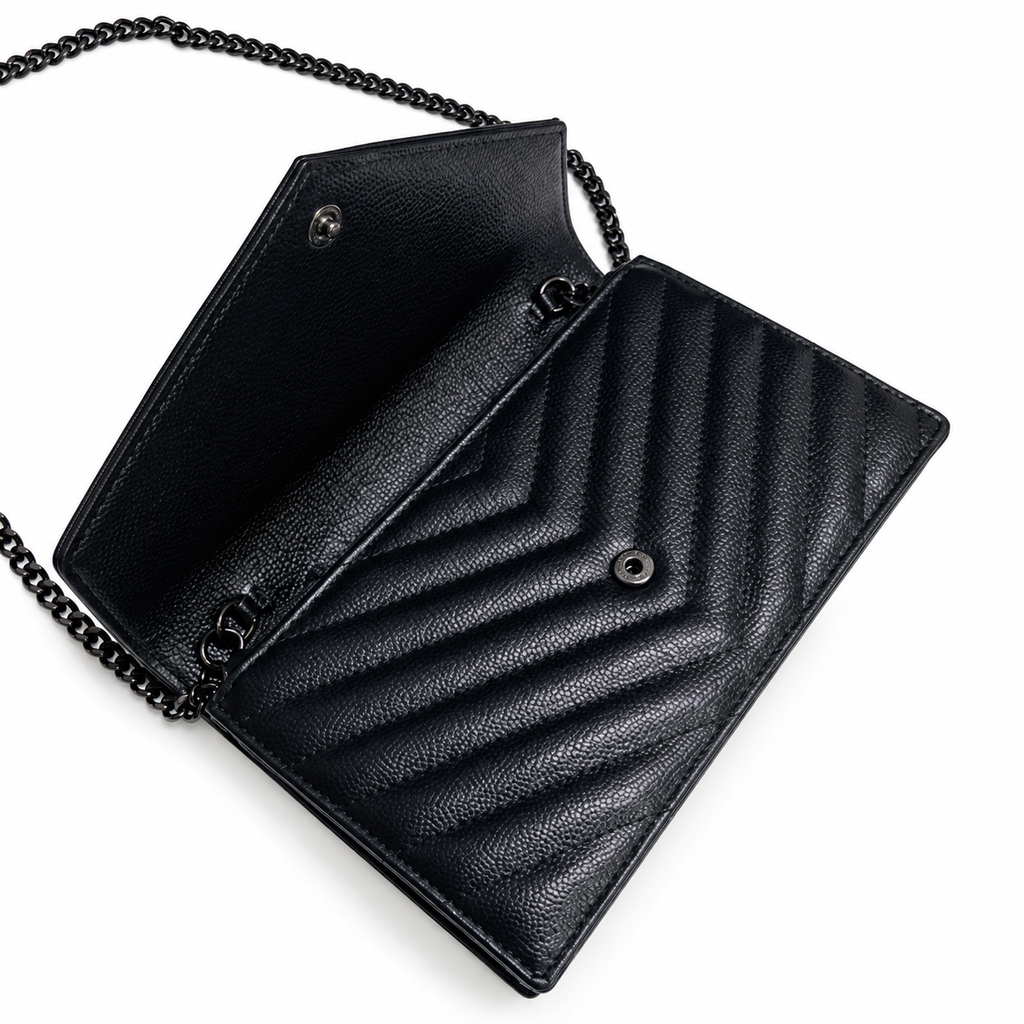 YSL Saint Laurent Envelope Chain Wallet in Black Matelassé Leather