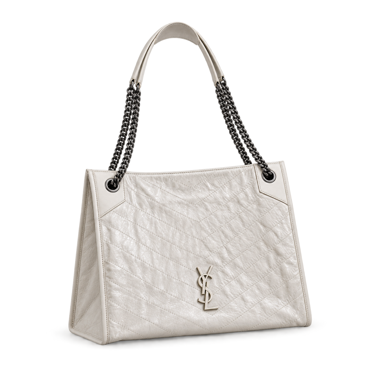 YSL Niki Shopping Bag in white chevron-quilted crinkled leather with dual silver chain straps and silver YSL monogram, side angle view