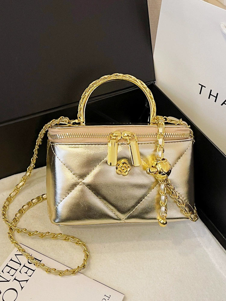 Red Quilted Vanity Box Bag – Gold Chain Camellia