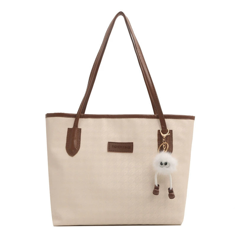 Cream Canvas Tote – Brown Leather Trim Pom Pom