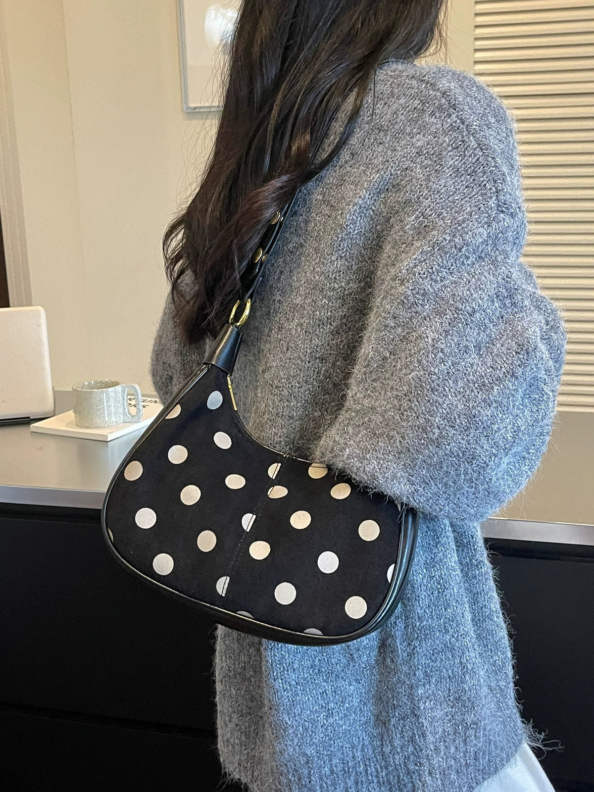 Black Polka Dot Hobo Bag – Gold Rivet Crescent