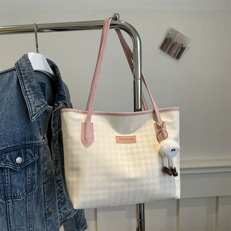 Cream Canvas Tote – Brown Leather Trim Pom Pom