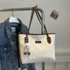 Cream Canvas Tote – Brown Leather Trim Pom Pom