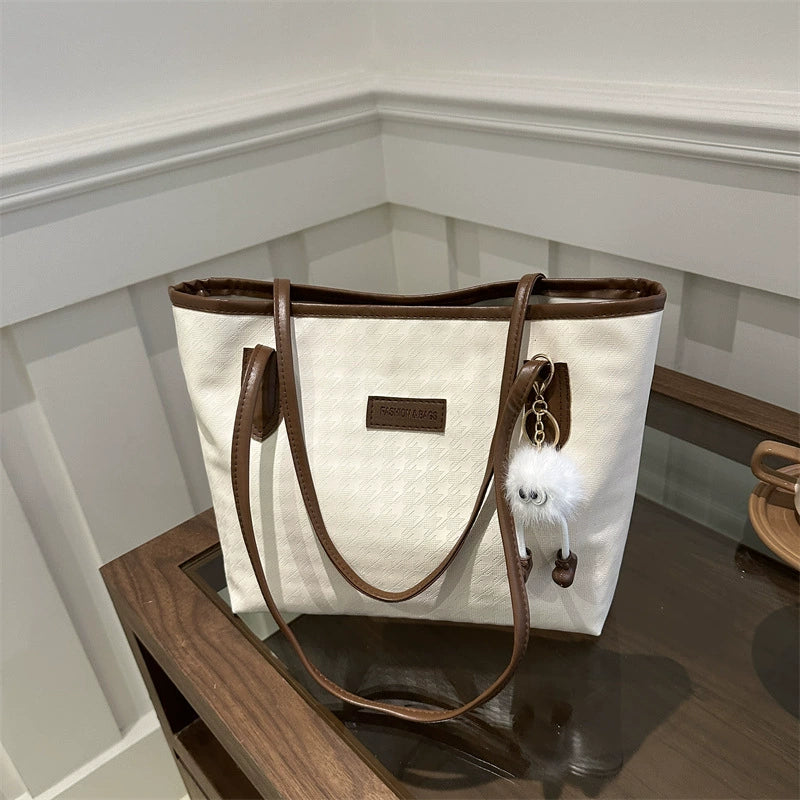 Cream Canvas Tote – Brown Leather Trim Pom Pom