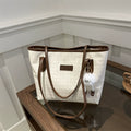 Cream Canvas Tote – Brown Leather Trim Pom Pom