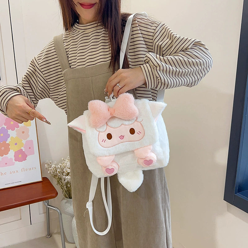 Kawaii Plush Lamb Crossbody Bag – Pink Bow Chain
