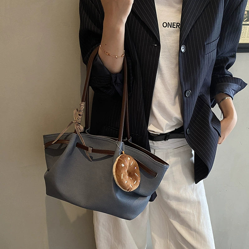 Large Tote Bag – Grey Blue Brown Trim Donut Charm
